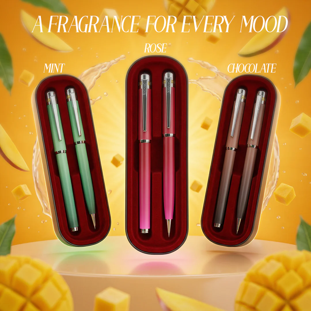 India's 1st - (Alphonso Mango Fragrance Infused) Ombre Shade Metallic Roller Pen - Image 8