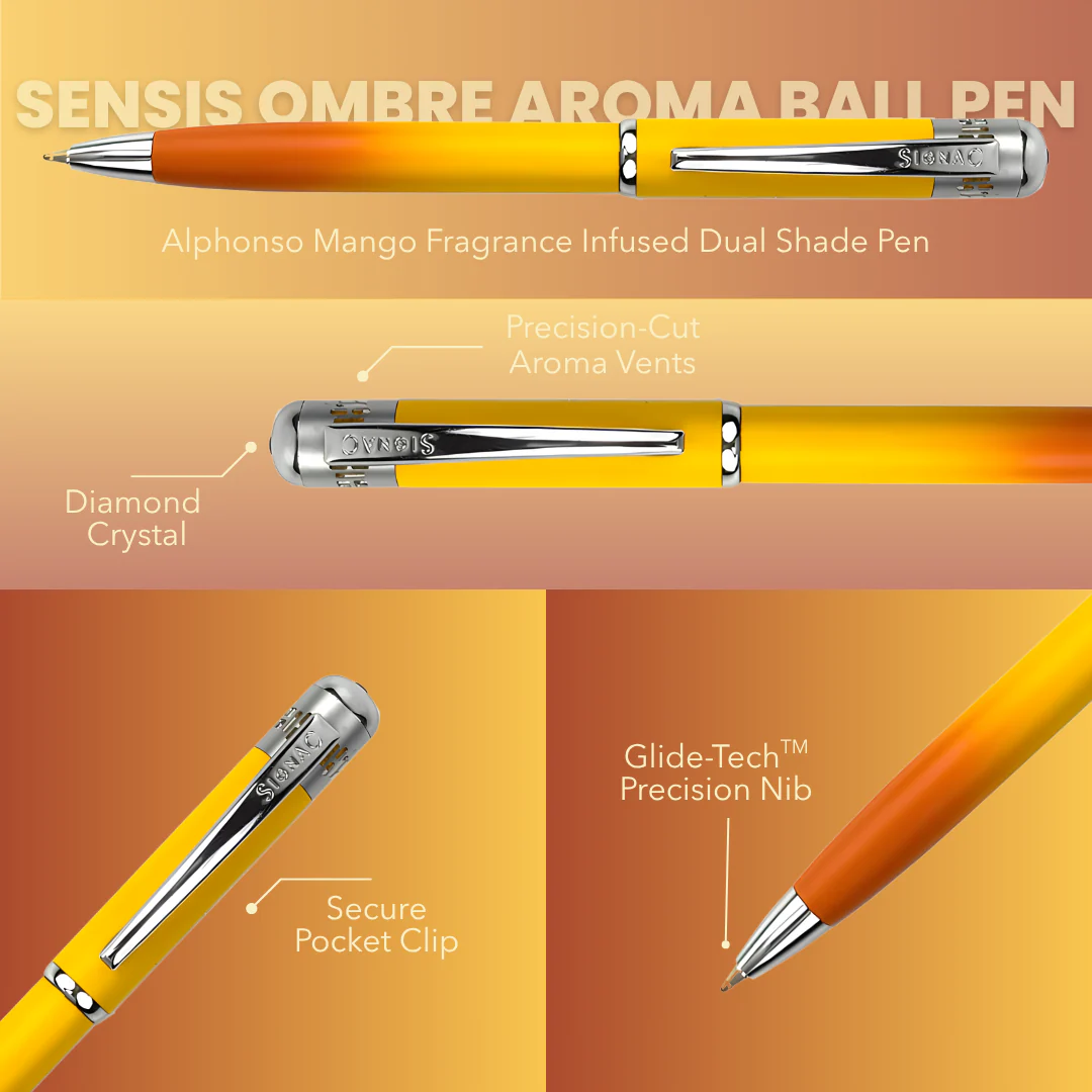 India's 1st - (Alphonso Mango Fragrance Infused) Ombre Shade Metallic Roller & Ball Pen Set - Image 24