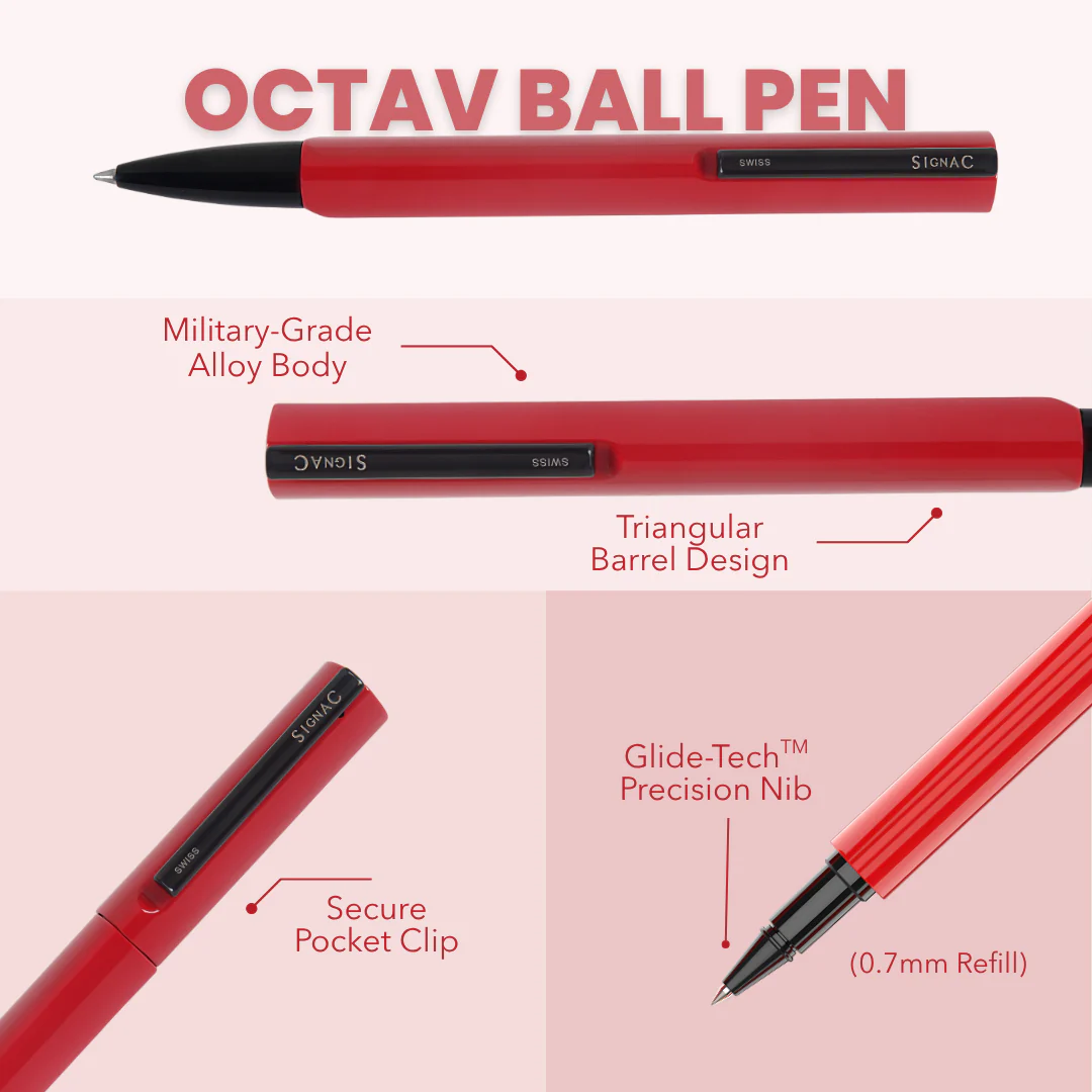 Octav Signature Tringular Metal Ball Pen - Crafted with Swiss Excellence - Red - Image 2