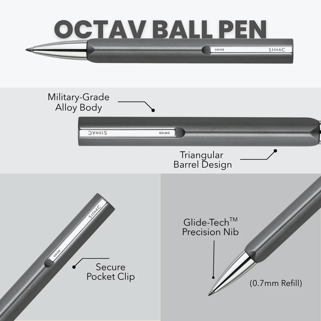 Octav Signature Tringular Metal Ball Pen - Crafted with Swiss Excellence - Grey - Image 2